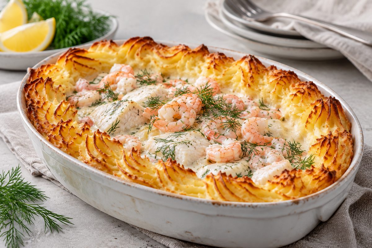 Fiskgratäng med räkor och potatismos