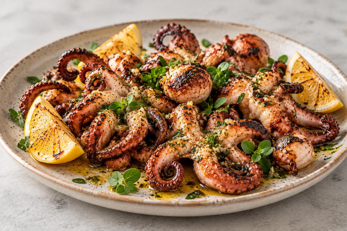 Grillad babybläckfisk med citron och oregano