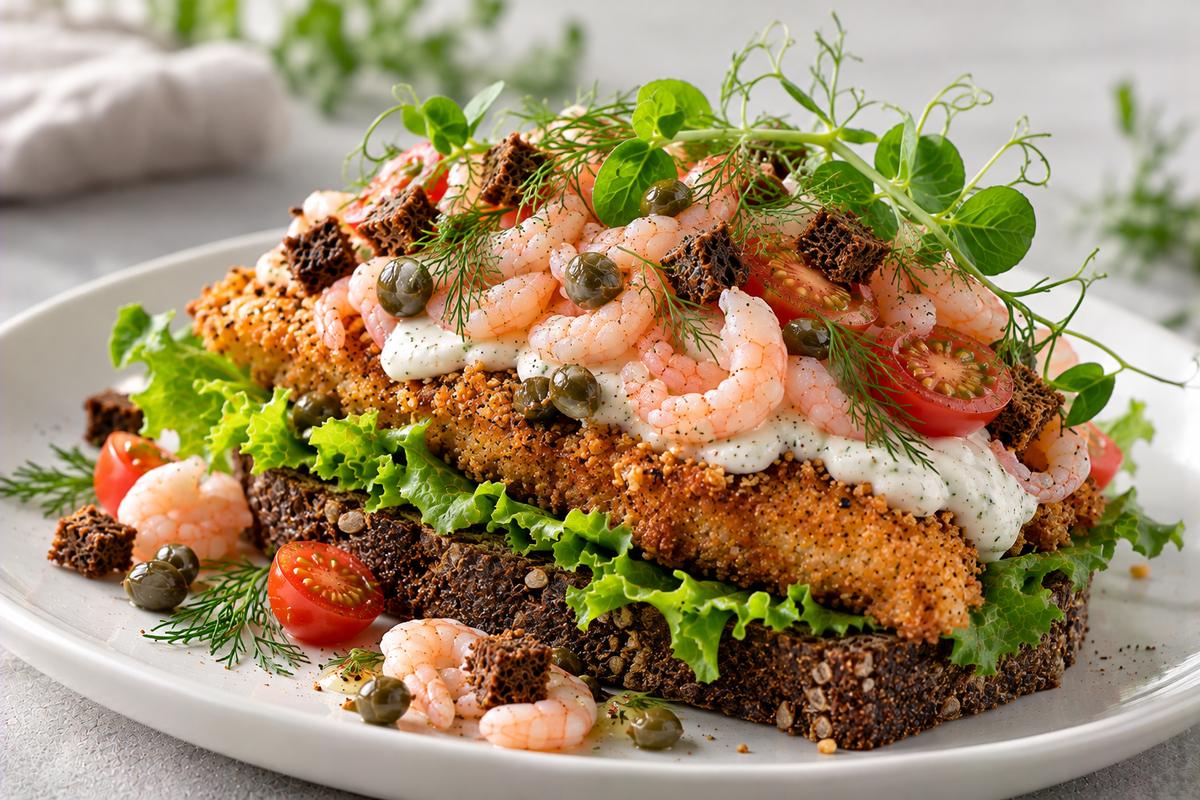 Öppen smörgås på kavring med krispsallad, panerad torsk, fiskkräm, handskalade räkor, kapris, tomat och dill