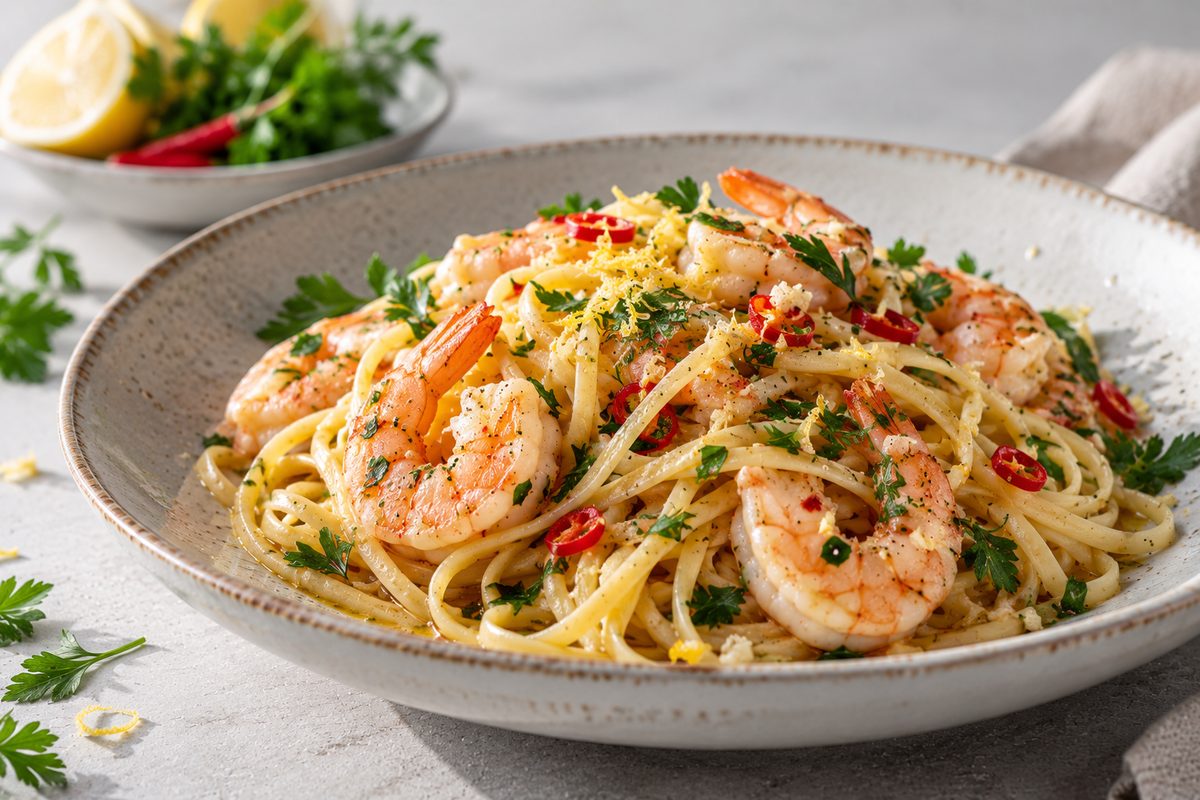 Räkpasta med vitlök, chili och citron